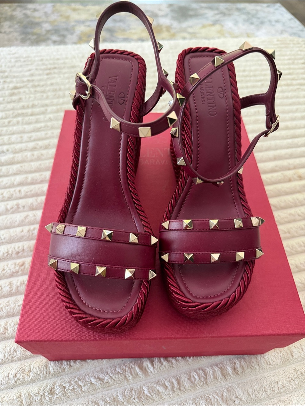 Valentino Gold-Stud Burgundy Leather Slingback Sandals